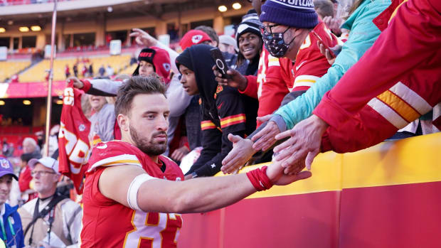 Dec 12, 2021; Kansas City, Missouri, USA; Kansas City Chiefs tight end Noah Gray (83) greets fans while leaving the field after the win over the Las Vegas Raiders at GEHA Field at Arrowhead Stadium. Mandatory Credit: Denny Medley-USA TODAY Sports