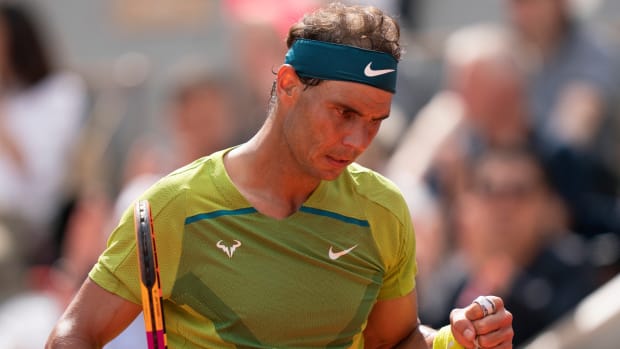 Rafael Nadal (ESP) reacts to a point during the 2022 French Open final.