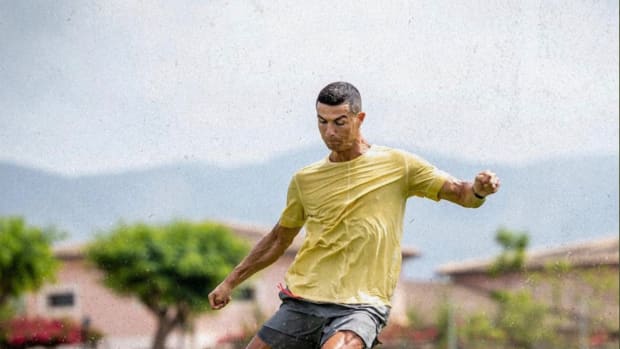 Manchester United forward Cristiano Ronaldo pictured practicing at RCD Mallorca's training facility in June 2022