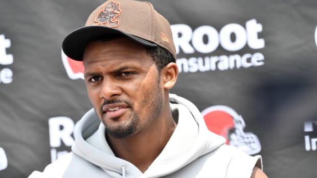 Jun 14, 2022; Cleveland, Ohio, USA; Cleveland Browns quarterback Deshaun Watson talks to the media after minicamp at CrossCountry Mortgage Campus. Mandatory Credit: Ken Blaze-USA TODAY Sports