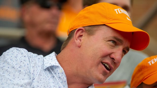 UT Alum Peyton Manning in the stands during the first round of the NCAA Knoxville Super Regionals between Tennessee and Notre Dame.