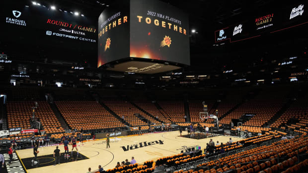 An empty Footprint Center before a Phoenix Suns playoff game.