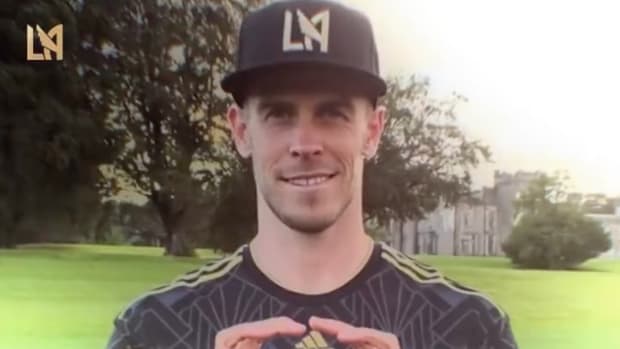 Gareth Bale pictured wearing LAFC kit in a video posted to announce his transfer to the MLS from Real Madrid in 2022