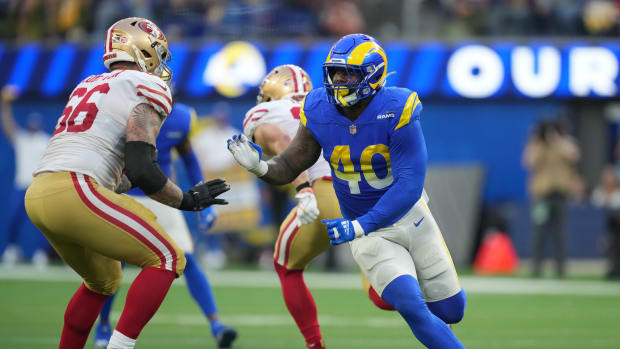 Jan 9, 2022; Inglewood, California, USA; Los Angeles Rams outside linebacker Von Miller (40) works against San Francisco 49ers guard Tom Compton (66) in the second half at SoFi Stadium. Mandatory Credit: Kirby Lee-USA TODAY Sports