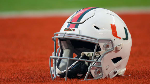 General view of a Miami Hurricanes helmet in the end zone prior to a game.