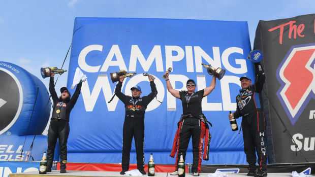 Sunday's NHRA winners at Norwalk, Ohio (from left): Angelle Sampey (Pro Stock Motorcycle), Mike Salinas (Top Fuel), Erica Enders (Pro Stock) and Robert Hight (Funny Car). Photo courtesy NHRA.