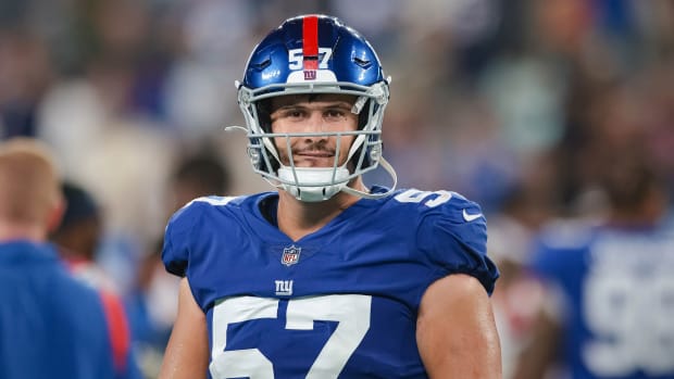 Aug 29, 2021; East Rutherford, New Jersey, USA; New York Giants defensive end Niko Lalos (57) looks on after the game against the New England Patriots at MetLife Stadium.