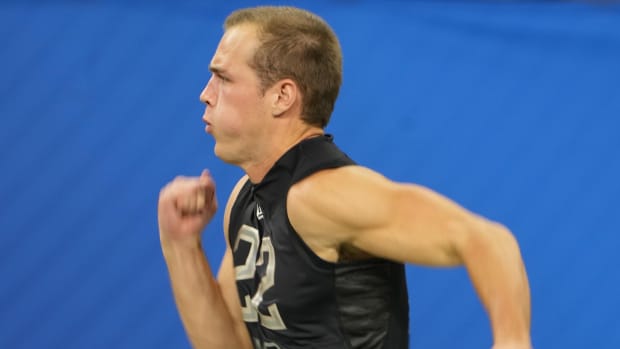 UCLA wide receiver Kyle Philips (WO22) runs the 40-yard dash during the 2022 NFL Scouting Combine at Lucas Oil Stadium.