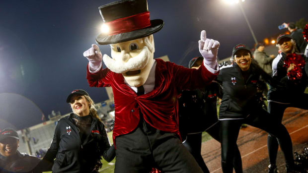 The Governor mascot dances with the Austin Peay Dance Team during an FCS playoff game between the Austin Peay Governors and Furman Paladins at Fortera Stadium in Clarksville, Tenn., on Saturday, Nov. 30, 2019.