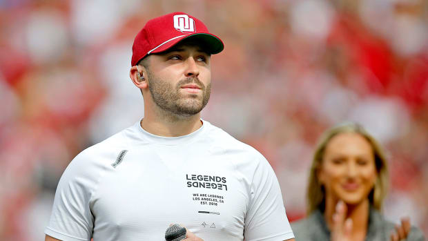Former OU quarterback Baker Mayfield speaks to the crowd at Owen Field on April 23 in Norman, Oklahoma.