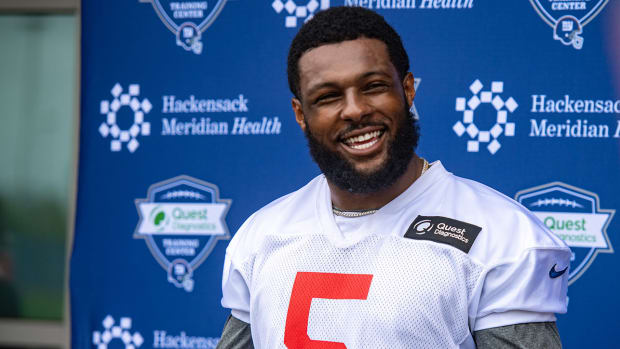 New York Giants linebacker Kayvon Thibodeaux (5) speaks to the media during rookie camp at Quest Diagnostics Training Center.