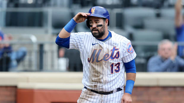 May 19, 2022; New York City, New York, USA; New York Mets second baseman Luis Guillorme (13) reacts after scoring a run against the St. Louis Cardinals on a ground out by Mets center fielder Brandon Nimmo (not pictured) during the fifth inning at Citi Field.