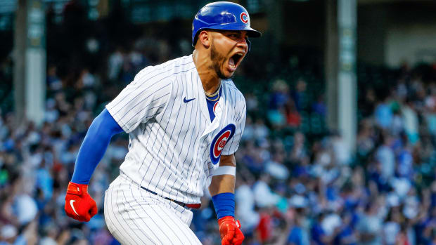 Jun 14, 2022; Chicago, Illinois, USA; Chicago Cubs catcher Willson Contreras (40) celebrates after hitting a two-run home run against the San Diego Padres during the third inning at Wrigley Field.