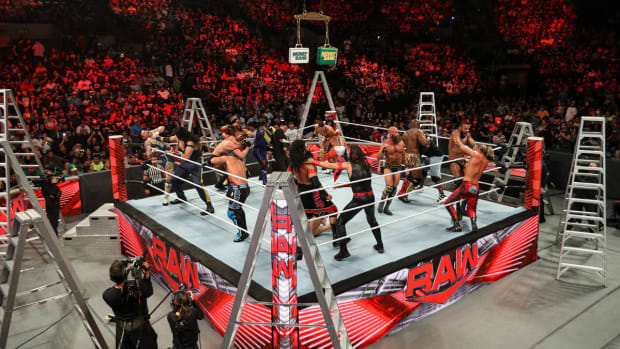 Wide shot of a Money in the Bank qualifying match on WWE Raw