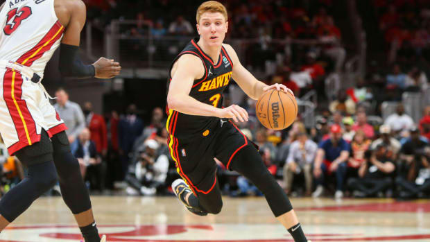 Apr 24, 2022; Atlanta, Georgia, USA; Atlanta Hawks guard Kevin Huerter (3) drives to the basket against the Miami Heat in the fourth quarter during game four of the first round of the 2022 NBA playoffs at State Farm Arena.