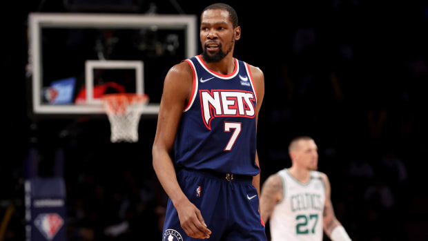 Nets forward Kevin Durant (7) looks on during the fourth quarter of Game 4 of the first round of the 2022 NBA playoffs.