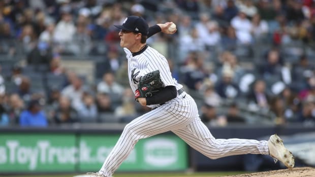 New York Yankees reliever Ron Marinaccio pitching in pinstripes