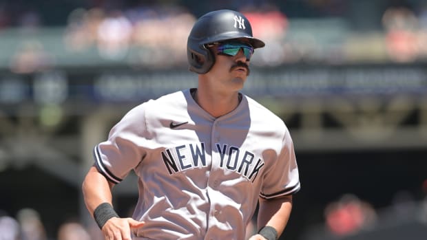 New York Yankees 1B Matt Carpenter rounds bases after hitting home run