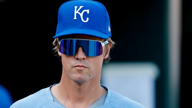 Jul 2, 2022; Detroit, Michigan, USA; Kansas City Royals starting pitcher Zack Greinke (23) in the dugout during the fifth inning against the Detroit Tigers at Comerica Park. Mandatory Credit: Rick Osentoski-USA TODAY Sports