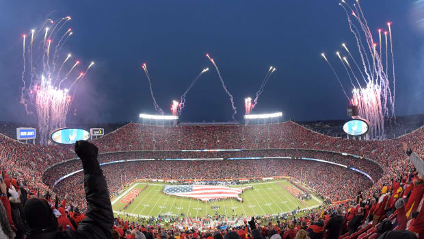Jan 20, 2019; Kansas City, MO, USA; General overall view of fireworks and a United States flag on the field during the playing of the national anthem before the AFC Championship game between the New England Patriots and the Kansas City Chiefs. Mandatory Credit: Kirby Lee-USA TODAY Sports