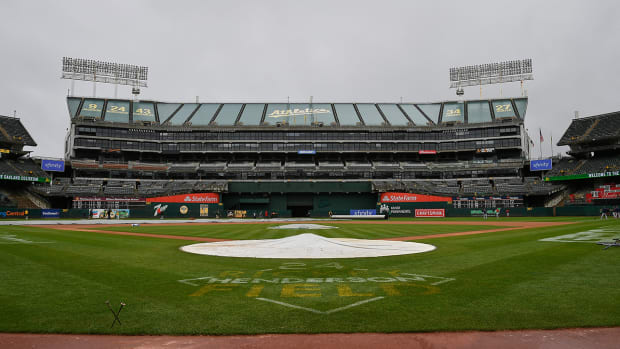 Ricky Henderson Field at the RingCentral Coliseum is seen before a game between the Oakland Athletics and the Boston Red Sox.