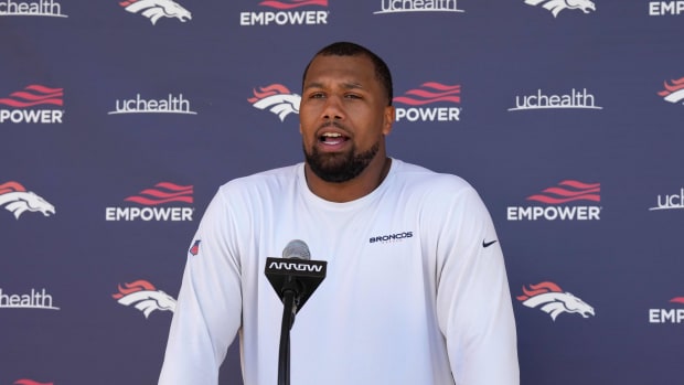 Denver Broncos outside linebacker Bradley Chubb (55) speaks to the media following OTA workouts at the UC Health Training Center.