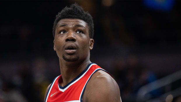 Feb 16, 2022; Indianapolis, Indiana, USA; Washington Wizards center Thomas Bryant (13) in the first half against the Indiana Pacers at Gainbridge Fieldhouse.