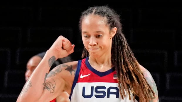 United States center Brittney Griner (15) reacts against Japan in the women's basketball gold medal match during the Tokyo 2020 Olympics.