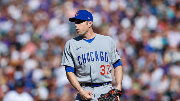 Chicago Cubs closer David Robertson reacts on mound