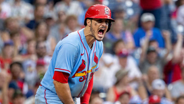 St. Louis Cardinals’ Nolan Arenado reacts after striking out during the sixth inning of the team’s baseball game against the Philadelphia Phillies, Saturday, July 2, 2022, in Philadelphia.
