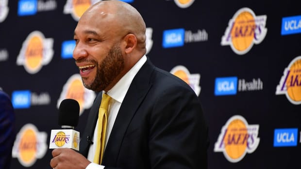 Los Angeles Lakers head coach Darvin Ham speaks with media at his introductory press conference.