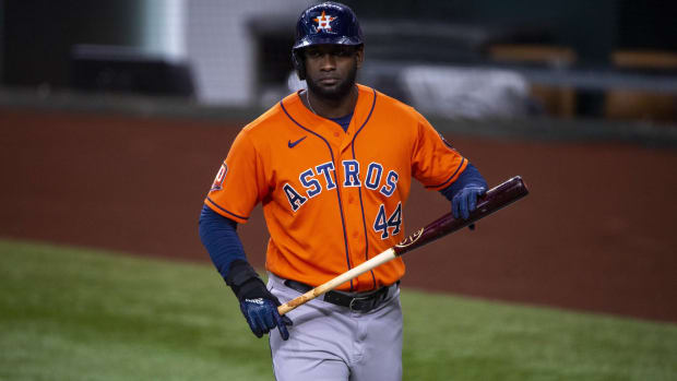 Yordan Alvarez steps out of the batters box while batting for the Houston Astros.