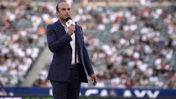 Oct 3, 2021; Carson, California, USA; Forner Los Angeles Galaxy forward Landon Donovan speaks during a ceremony to induct him into the Ring of Honor during halftime of the game against the Los Angeles FC at StubHub Center. Mandatory Credit: Orlando Ramirez-USA TODAY Sports