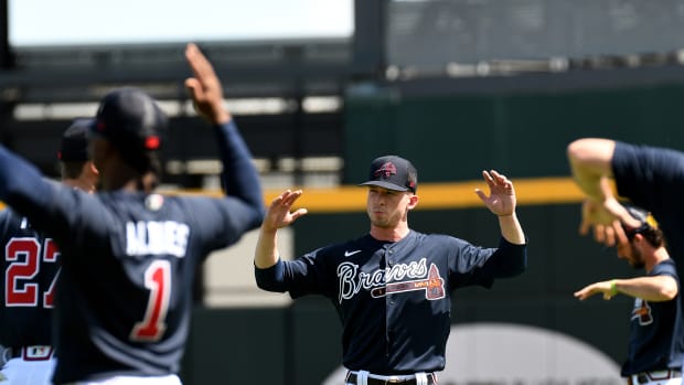 Mar 14, 2022; North Port, FL, USA; Atlanta Braves outfielder Drew Waters (61) gets warmed up at the start of the workout spring training. Mandatory Credit: Jonathan Dyer-USA TODAY Sports