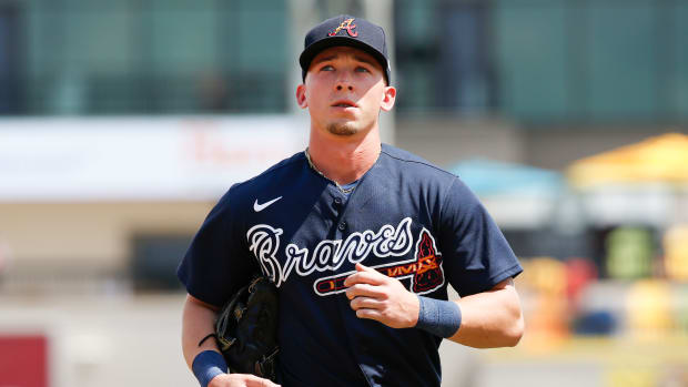 Mar 12, 2020; Lakeland, Florida, USA; Atlanta Braves outfielder Drew waters returns to the duggout following the second inning against the Detroit Tigers at Publix Field at Joker Marchant Stadium. Mandatory Credit: Reinhold Matay-USA TODAY Sports