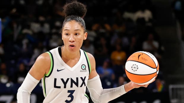 Jun 26, 2022; Chicago, Illinois, USA; Minnesota Lynx forward Aerial Powers (3) looks to pass the ball against the Chicago Sky during the second half of a WNBA game at Wintrust Arena.