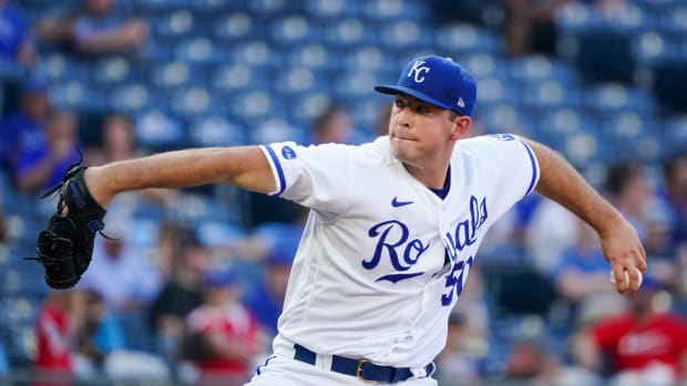 Jul 12, 2022; Kansas City, Missouri, USA; Kansas City Royals starting pitcher Kris Bubic (50) delivers a pitch against the Detroit Tigers in the first inning at Kauffman Stadium. Mandatory Credit: Denny Medley-USA TODAY Sports