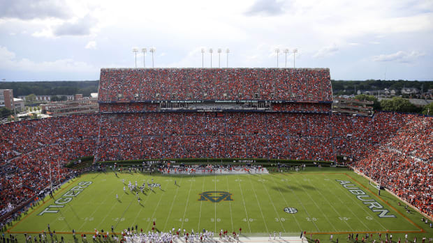 AUBURN, AL - AUGUST 30: Overhead view of Jordan Hare Stadium during the game between the Auburn Tigers and the Arkansas Razorbacks on August 30, 2014 in Auburn, Alabama. (Photo by Mike Zarrilli/Getty Images)