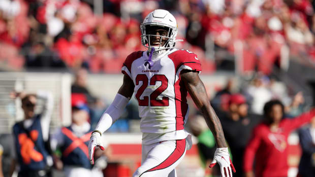 Arizona Cardinals safety Deionte Thompson (22) smiles after the Cardinals forced a turnover against the San Francisco 49ers in the second quarter at Levi's Stadium.