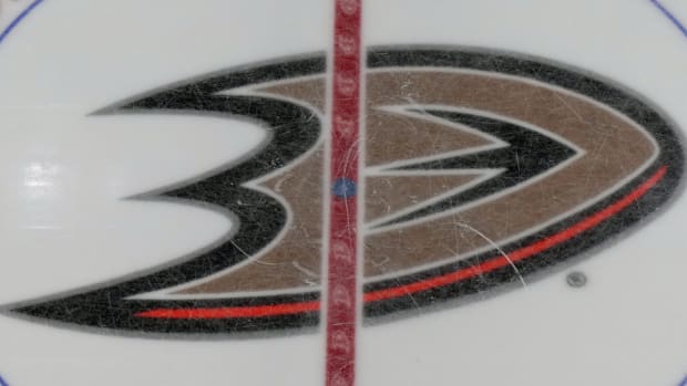 The Anaheim Ducks logo at center ice at Honda Center.