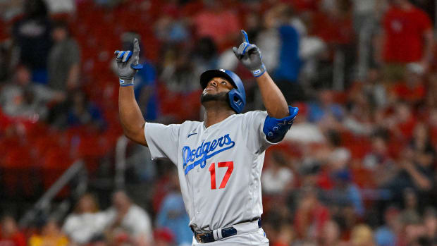 Jul 13, 2022; St. Louis, Missouri, USA; Los Angeles Dodgers second baseman Hanser Alberto (17) reacts after hitting a go ahead one run single against the St. Louis Cardinals during the ninth inning at Busch Stadium. Mandatory Credit: Jeff Curry-USA TODAY Sports