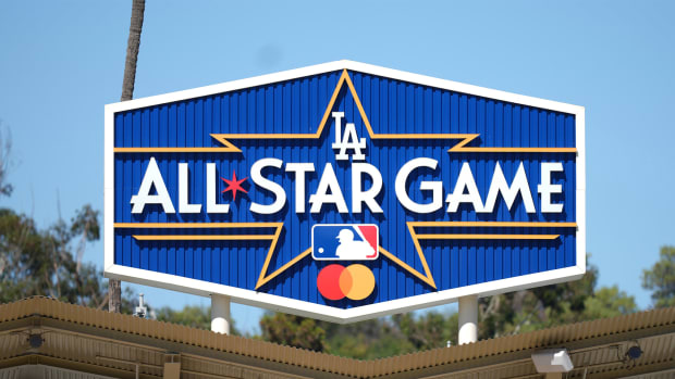 Jul 6, 2022; Los Angeles, California, USA; The 2022 MLB All Star Game logo at Dodger Stadium.