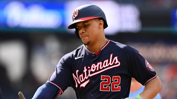 Washington Nationals outfielder Juan Soto (22) reacts after hitting an RBI single against the Philadelphia Phillies in the second inning at Citizens Bank Park.