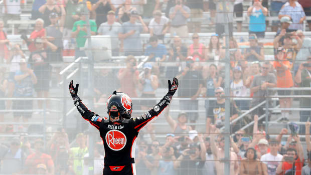 Christopher Bell celebrates after winning the NASCAR Cup Ambetter 301 Sunday at New Hampshire Motor Speedway. (Photo by Tim Nwachukwu/Getty Images)