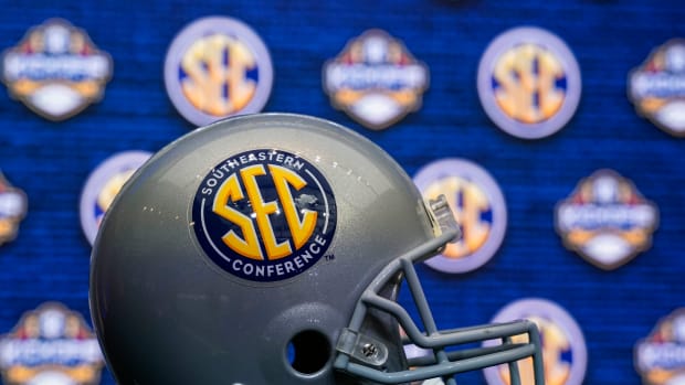 Jul 18, 2022; Atlanta, GA, USA; General views of the stage prior to the start of the SEC Media Days at the College Football Hall of Fame. Mandatory Credit: Dale Zanine-USA TODAY Sports