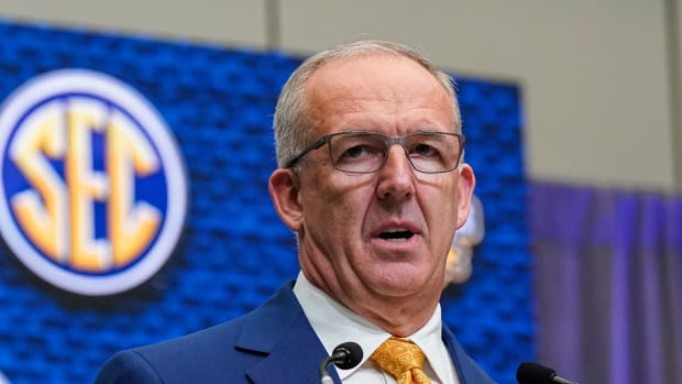 SEC commissioner Greg Sankey delivers comments to open 2022 SEC Media Days at the College Football Hall of Fame.