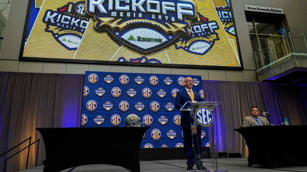 SEC commissioner Greg Sankey delivers comments to open SEC Media Days at the College Football Hall of Fame.