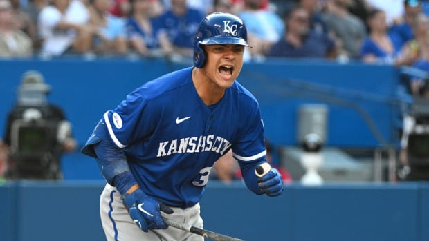 Jul 16, 2022; Toronto, Ontario, CAN; Kansas City Royals first baseman Nick Pratto (32) reacts after hitting a fly out against the Toronto Blue Jays in the ninth inning at Rogers Centre. Mandatory Credit: Dan Hamilton-USA TODAY Sports