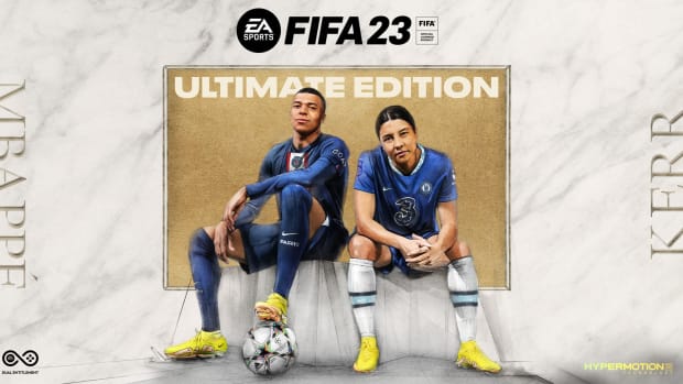 A screenshot of the Fifa 23 Ultimate Edition Cover featuring Kylian Mbappé and Sam Kerr.
