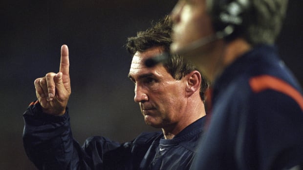 Denver Broncos head coach Mike Shanahan on the sideline against the Atlanta Falcons during Super Bowl XXXIII at Dolphin Stadium. The Broncos defeated the Falcons 31-19.